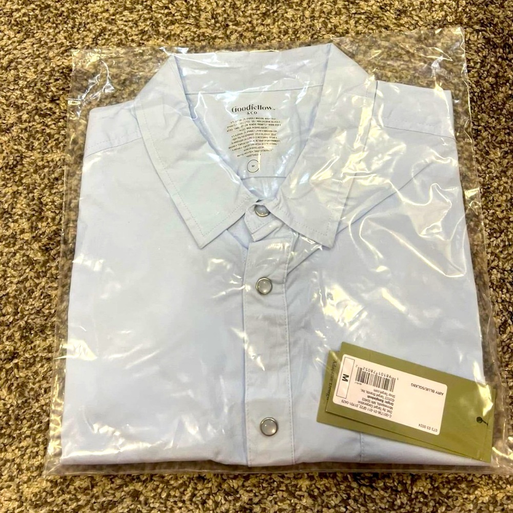 NWT Goodfellow & Co Blue Dress Shirt Button Up Pearly Buttons Church Work Light